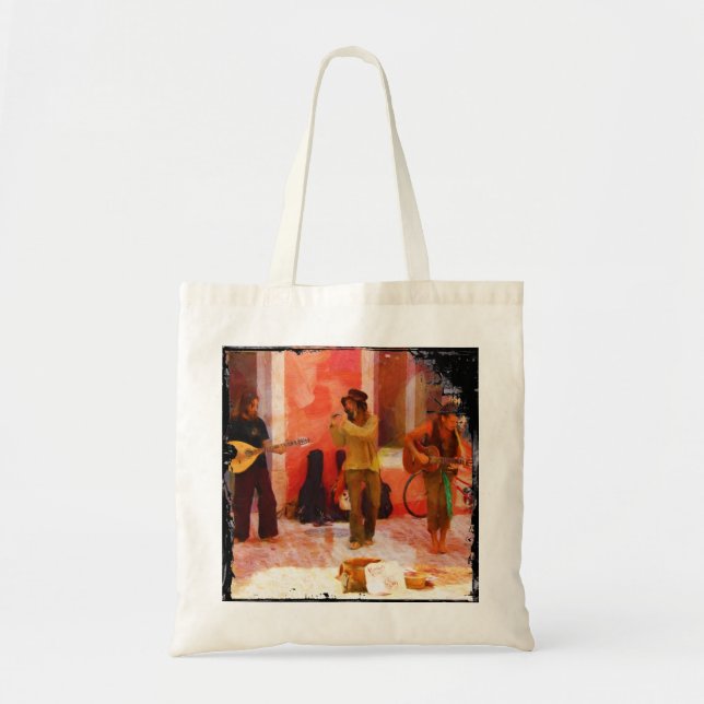 Street Musicians Playing Guitar Mandolin and Flute Tote Bag (Front)