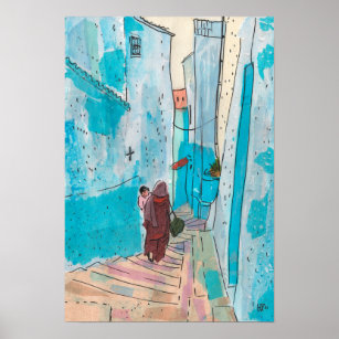 Street of Chefchaouen Morocco Paper Collage Sketch Poster