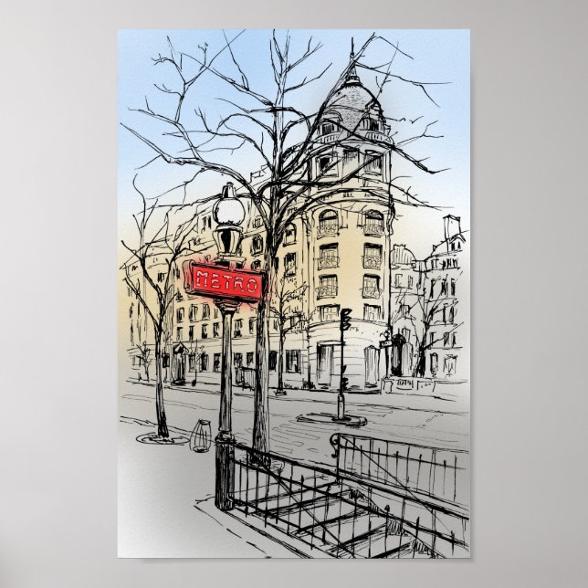 Street of Paris hand drawn coloured ink sketch Poster (Front)