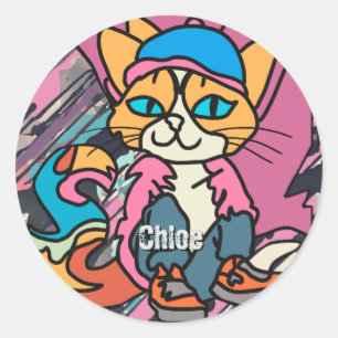 Street Retro Cat, Cap and Sneakers Funny Classic Round Sticker