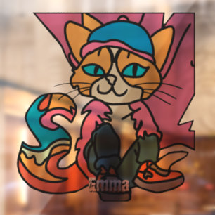 Street Retro Cat, Cap and Sneakers  Funny  Window Cling