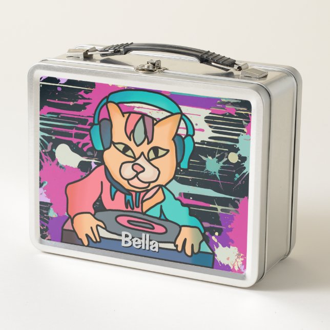 Street Retro Cat with Headphones | Funny  Metal Lunch Box (Front)