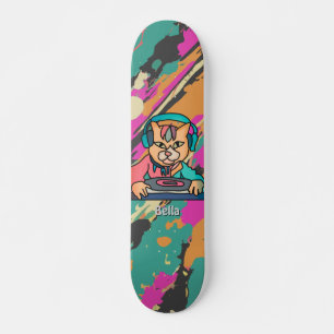 Street Retro Cat with Headphones   Funny Skateboard