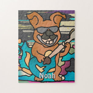 Street Retro Dog with Guitar Funny Jigsaw Puzzle
