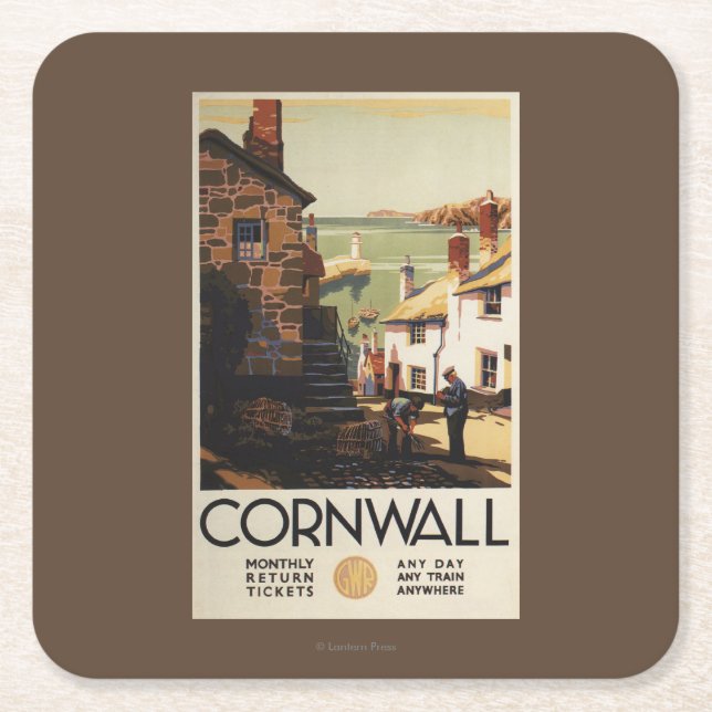 Street Scene with Two Men Working Railway Square Paper Coaster (Front)
