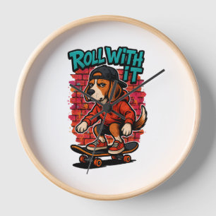 Street Style Beagle Skateboarding Graffiti Art Clock