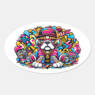 Street Style Bulldog Puppy Graffiti Art Oval Sticker