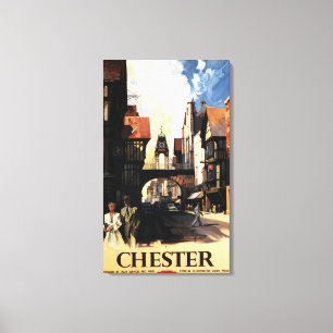 Street View with Couple & Tower Clock Rail Canvas Print