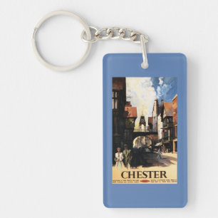 Street View with Couple & Tower Clock Rail Key Ring