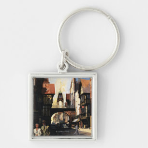 Street View with Couple & Tower Clock Rail Key Ring