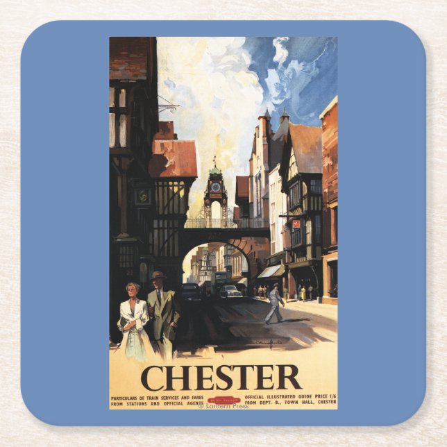 Street View with Couple & Tower Clock Rail Square Paper Coaster (Front)