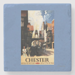 Street View with Couple & Tower Clock Rail Stone Coaster