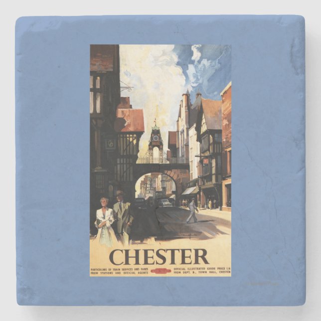 Street View with Couple & Tower Clock Rail Stone Coaster (Front)
