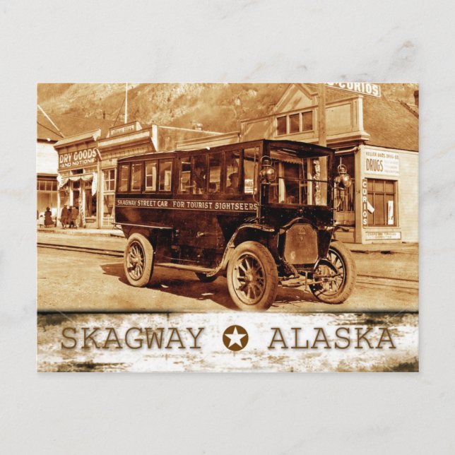 Streetcar on Broadway Ave., Skagway, Alaska Postcard (Front)