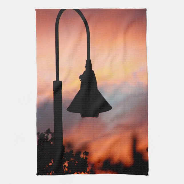 Streetlight Silhouette Sunset Twill Cotton Kitchen Tea Towel (Vertical)