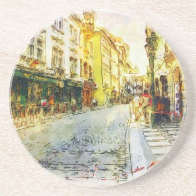 Streets of Old Prague watercolor Coaster (Front)