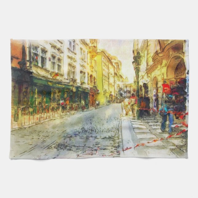 Streets of Old Prague watercolor Tea Towel (Horizontal)