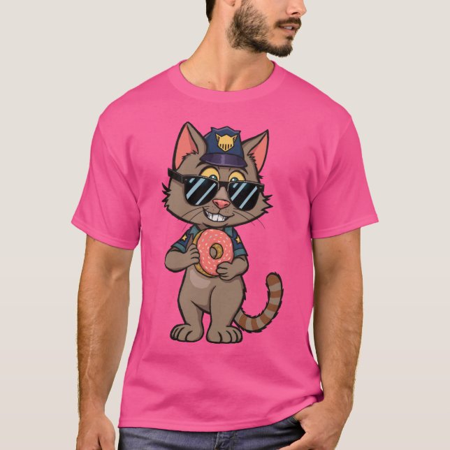 Streetwise Police Cat – 90s Cartoon Doughnut Cop T-Shirt (Front)