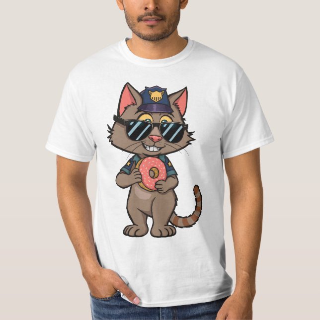Streetwise Police Cat – 90s Cartoon Doughnut Cop T-Shirt (Front)