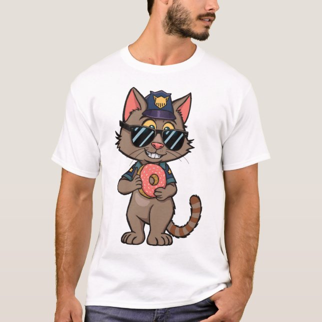 Streetwise Police Cat – 90s Cartoon Doughnut Cop T-Shirt (Front)