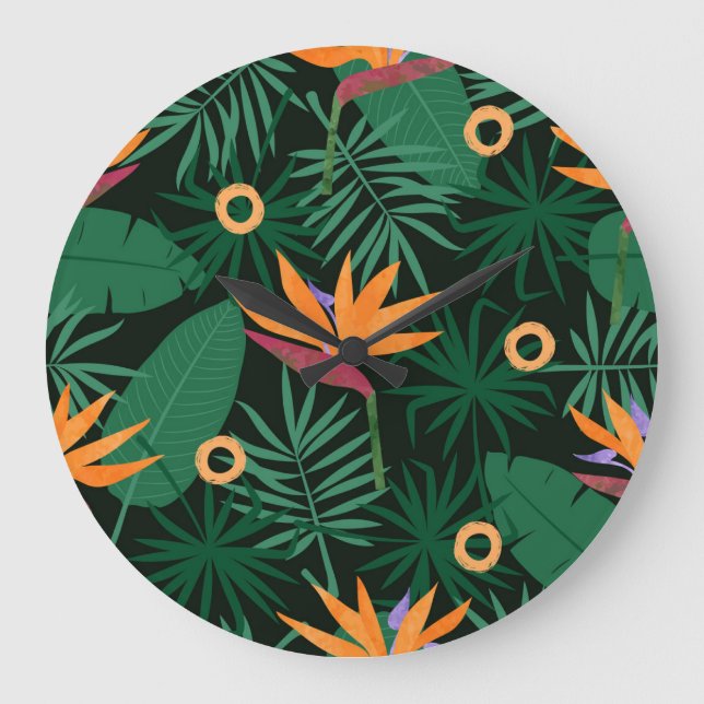 Strelitzia Flowers: Tropic Vintage Background Large Clock (Front)