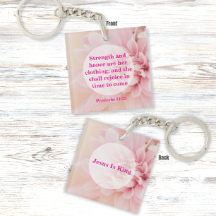 Strength and Honour Bible Verse with Pink Flower Key Ring