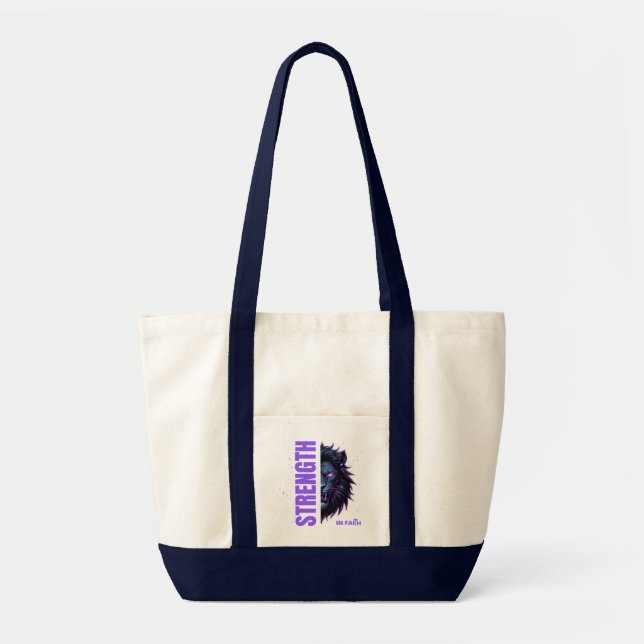 Strength in Faith Lion & Cross Emblem Tote Bag (Front)