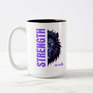 Strength in Faith Lion & Cross Emblem Two-Tone Coffee Mug