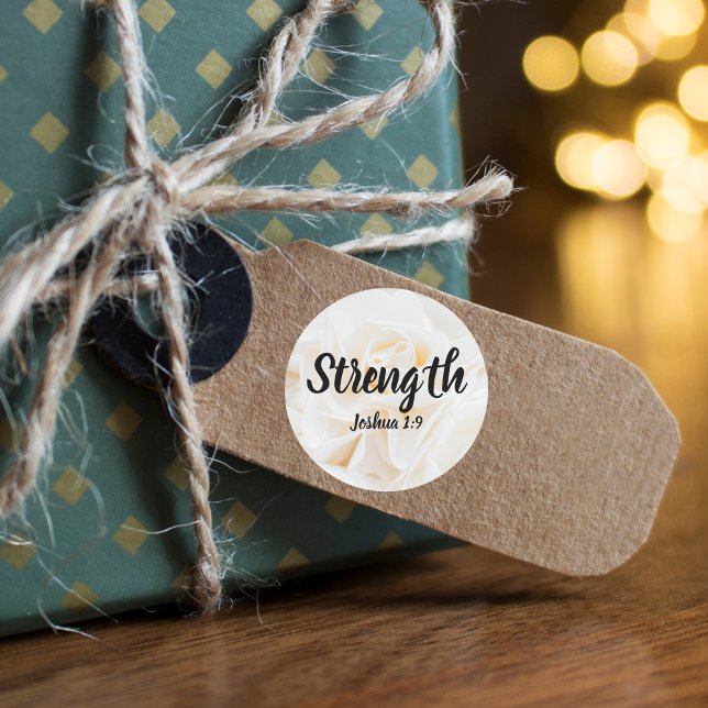 Strength Joshua 1:9 Verse with Elegant White Rose Classic Round Sticker (Creator Uploaded)