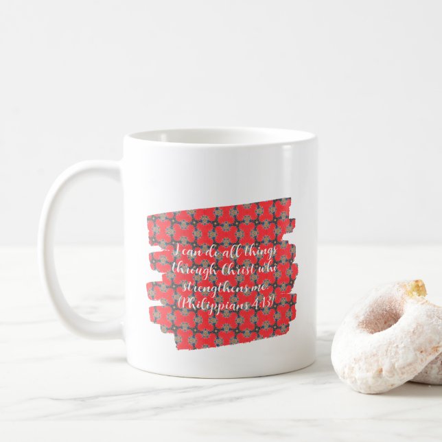 Strength Scripture Red Floral Pattern Coffee Mug (With Donut)