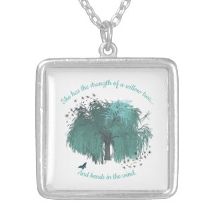 Strength Willow Tree Quote Inspirational Silver Plated Necklace