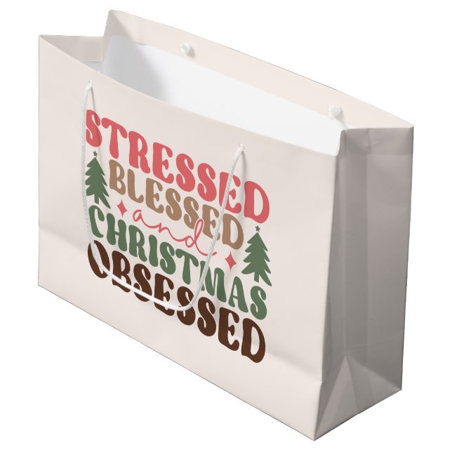 Stressed, Blessed, and Christmas Obsessed Large Gift Bag (Front Angled)