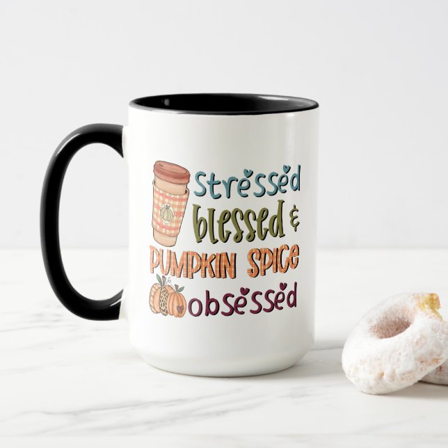 Stressed Blessed & Pumpkin Spice Obsessed Autumn Mug (With Donut)