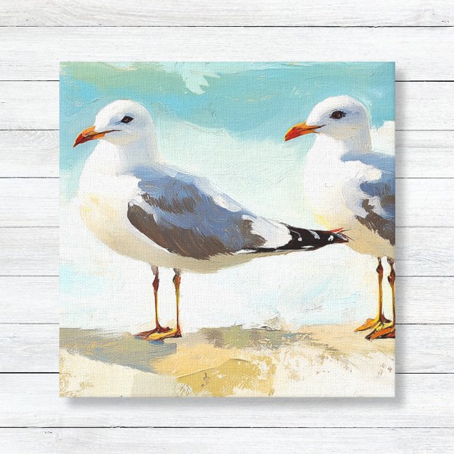 Stretched Canvas Print (Seagulls - Coastal Beach House Art - Nature Inspired Wall Canvas)