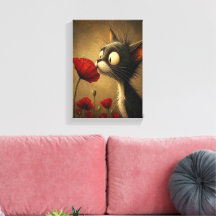 Stretched Canvas Print Cute Black Cat Red Flower 