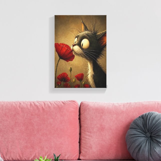 Stretched Canvas Print Cute Black Cat Red Flower  (Insitu(LivingRoom))
