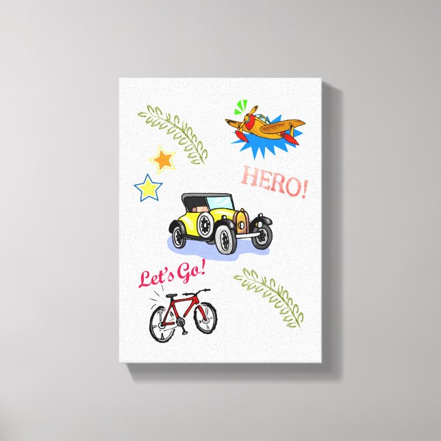 Stretched Canvas Print Hero Bicycle Car Aeroplane  (Front)