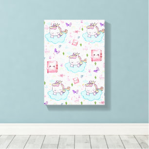Stretched Canvas Print Pink Blue Unicorn Rainbow
