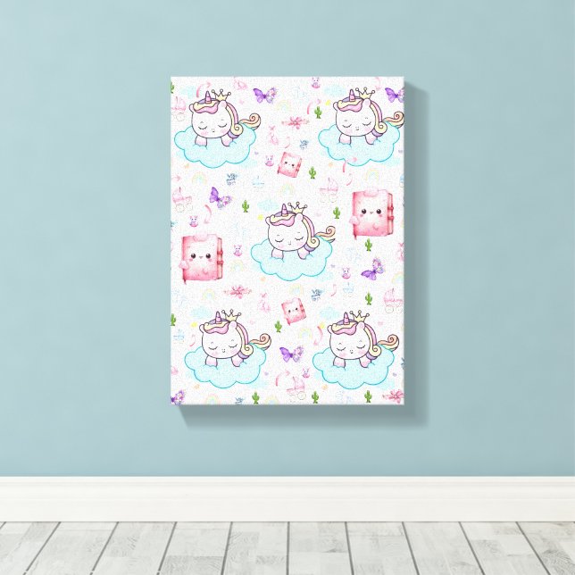 Stretched Canvas Print Pink Blue Unicorn Rainbow (Insitu(Wood Floor))
