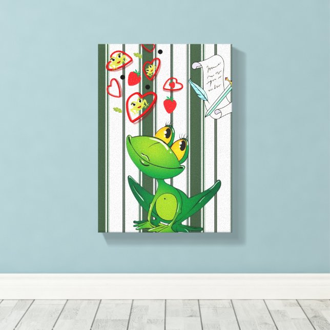 Stretched Canvas Print Stripe Frog Red Hearts  (Insitu(Wood Floor))