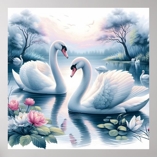 Stretched Canvas Print - Swans in a Waterlily Pond (Front)
