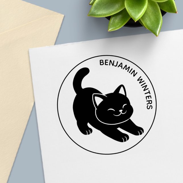 Stretching Black Cat Custom Text Self-inking Stamp (Creator Uploaded)