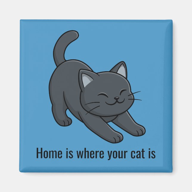 Stretching Black Cat on Blue Custom Text Magnet (Front)