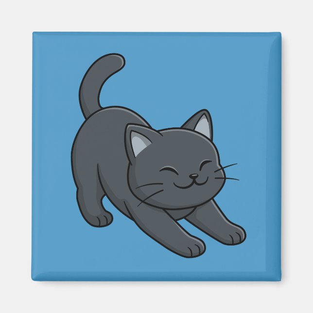 Stretching Black Cat on Blue Magnet (Front)