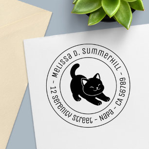 Stretching Black Cat Round Address Self-inking Stamp