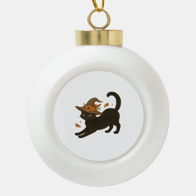 Stretching Black Cat – Witchy Autumn Classic T-Shi Ceramic Ball Christmas Ornament (Front)