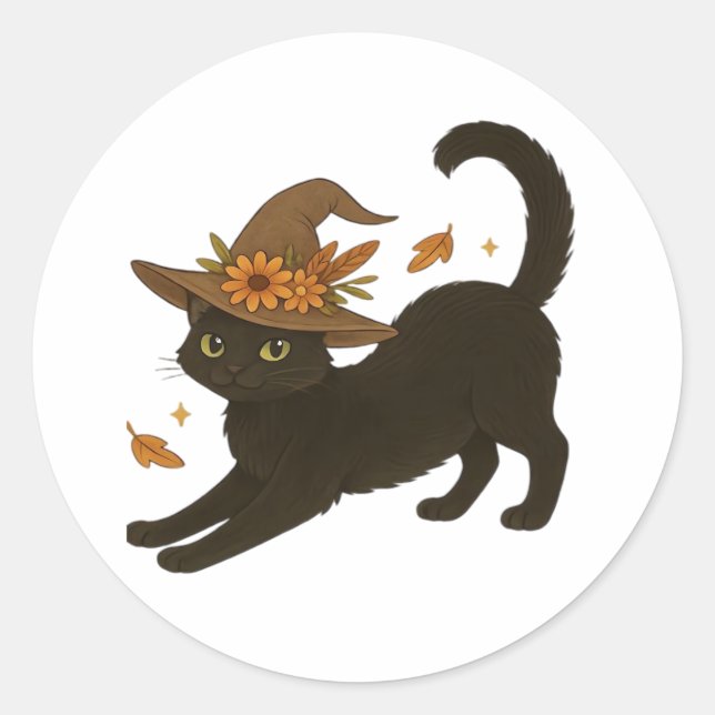 Stretching Black Cat – Witchy Autumn Classic T-Shi Classic Round Sticker (Front)