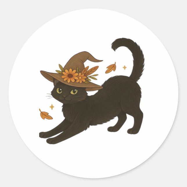 Stretching Black Cat – Witchy Autumn Classic T-Shi Classic Round Sticker (Front)