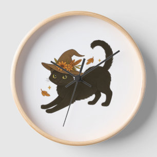 Stretching Black Cat – Witchy Autumn Classic T-Shi Clock