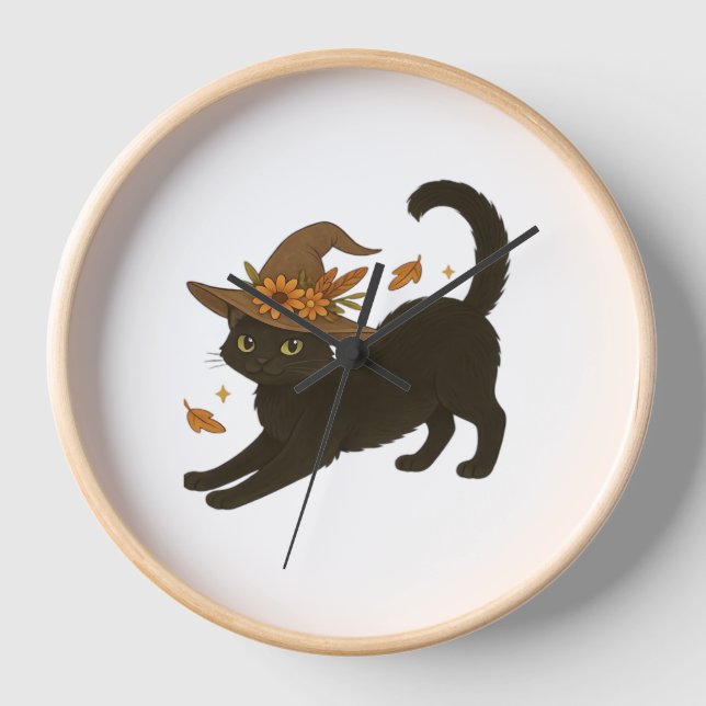 Stretching Black Cat – Witchy Autumn Classic T-Shi Clock (Front)